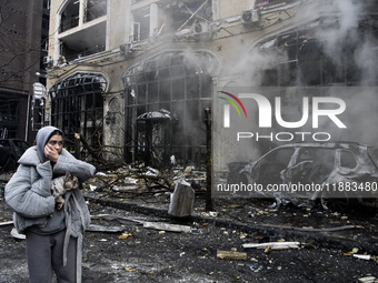 Damage to residential and office buildings in Kyiv, Ukraine, on December 20, 2024, results from Russian ballistic missile shelling of the ce...