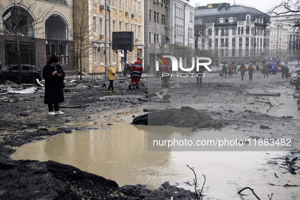 Damage to residential and office buildings in Kyiv, Ukraine, on December 20, 2024, results from Russian ballistic missile shelling of the ce...