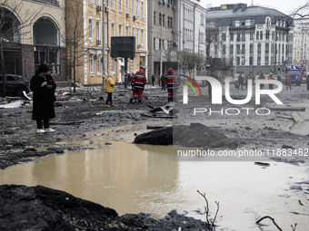 Damage to residential and office buildings in Kyiv, Ukraine, on December 20, 2024, results from Russian ballistic missile shelling of the ce...