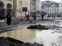 Damage to residential and office buildings in Kyiv, Ukraine, on December 20, 2024, results from Russian ballistic missile shelling of the ce...