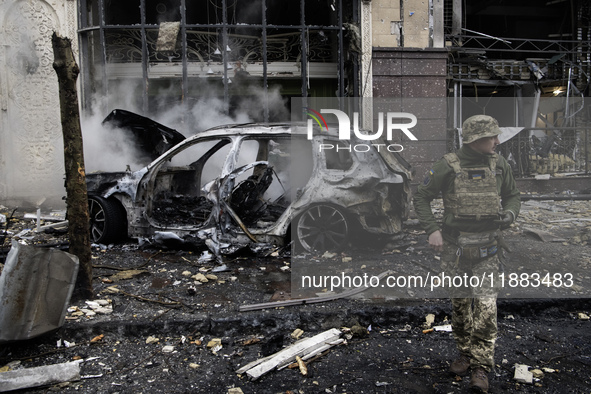 Damage to residential and office buildings in Kyiv, Ukraine, on December 20, 2024, results from Russian ballistic missile shelling of the ce...