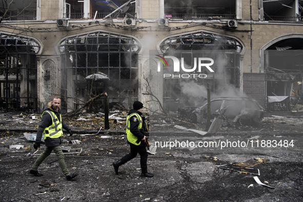 Damage to residential and office buildings in Kyiv, Ukraine, on December 20, 2024, results from Russian ballistic missile shelling of the ce...