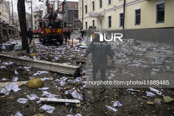 Damage to residential and office buildings in Kyiv, Ukraine, on December 20, 2024, results from Russian ballistic missile shelling of the ce...