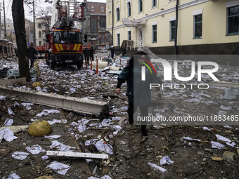 Damage to residential and office buildings in Kyiv, Ukraine, on December 20, 2024, results from Russian ballistic missile shelling of the ce...