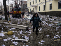 Damage to residential and office buildings in Kyiv, Ukraine, on December 20, 2024, results from Russian ballistic missile shelling of the ce...