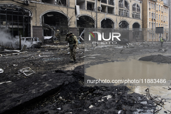 Damage to residential and office buildings in Kyiv, Ukraine, on December 20, 2024, results from Russian ballistic missile shelling of the ce...