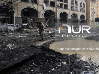 Damage to residential and office buildings in Kyiv, Ukraine, on December 20, 2024, results from Russian ballistic missile shelling of the ce...