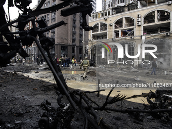 Damage to residential and office buildings in Kyiv, Ukraine, on December 20, 2024, results from Russian ballistic missile shelling of the ce...