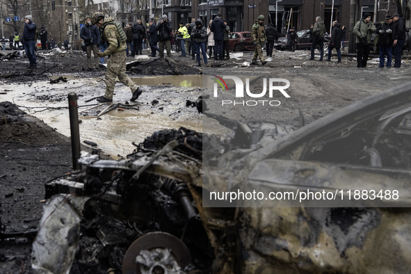 Damage to residential and office buildings in Kyiv, Ukraine, on December 20, 2024, results from Russian ballistic missile shelling of the ce...