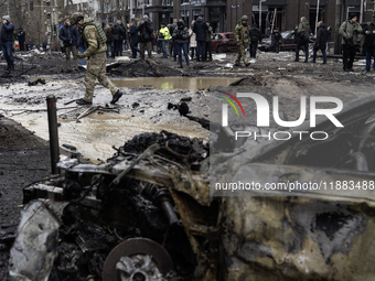 Damage to residential and office buildings in Kyiv, Ukraine, on December 20, 2024, results from Russian ballistic missile shelling of the ce...