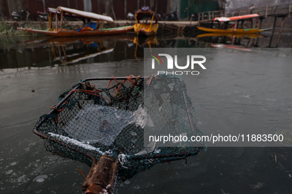 A fisherman shows sheets of ice formed due to cold weather at Dal Lake in Srinagar, Jammu and Kashmir, India, on December 20, 2024. 