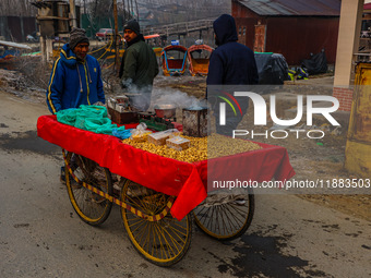 A non-local sells groundnuts and other snacks on a cold winter day in Srinagar, Jammu and Kashmir, India, on December 20, 2024. (