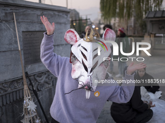 A young Iranian female puppeteer wears a mouse-shaped mask and poses for a photograph while preparing to perform in a festival in the Abasab...