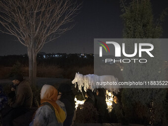 Young Iranian female puppeteers stand next to a puppet, waiting to perform at a festival in the Abasabad tourism zone in central Tehran, Ira...