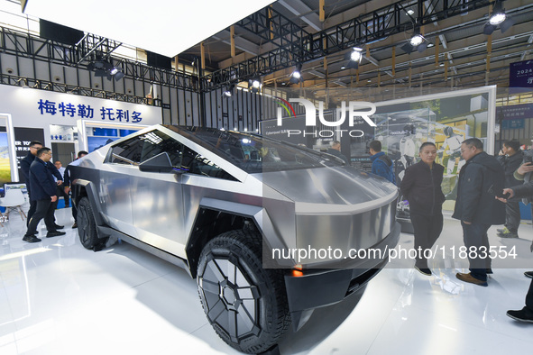 People visit a Tesla Smart concept car on display at the 2024 World Intelligent Manufacturing Conference in Nanjing, China, on December 20,...