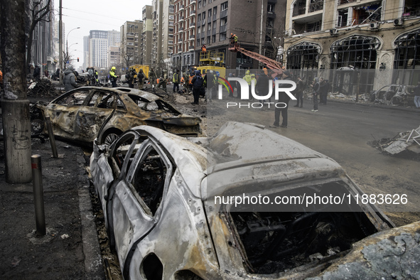 Destruction and damage to residential and office buildings occur as a result of a Russian missile strike in central Kyiv, Ukraine, on Decemb...