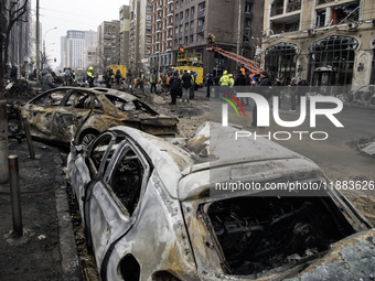 Destruction and damage to residential and office buildings occur as a result of a Russian missile strike in central Kyiv, Ukraine, on Decemb...