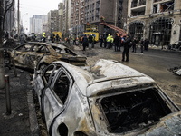 Destruction and damage to residential and office buildings occur as a result of a Russian missile strike in central Kyiv, Ukraine, on Decemb...