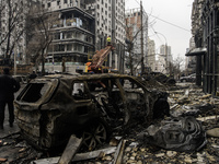 Destruction and damage to residential and office buildings occur as a result of a Russian missile strike in central Kyiv, Ukraine, on Decemb...