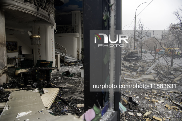 Destruction and damage to residential and office buildings occur as a result of a Russian missile strike in central Kyiv, Ukraine, on Decemb...