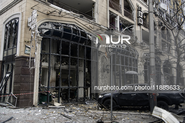 Destruction and damage to residential and office buildings occur as a result of a Russian missile strike in central Kyiv, Ukraine, on Decemb...