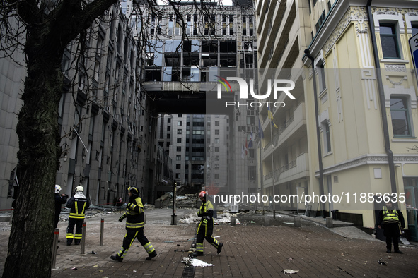 Destruction and damage to residential and office buildings occur as a result of a Russian missile strike in central Kyiv, Ukraine, on Decemb...