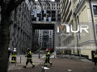 Destruction and damage to residential and office buildings occur as a result of a Russian missile strike in central Kyiv, Ukraine, on Decemb...