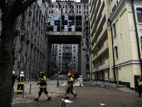 Destruction and damage to residential and office buildings occur as a result of a Russian missile strike in central Kyiv, Ukraine, on Decemb...