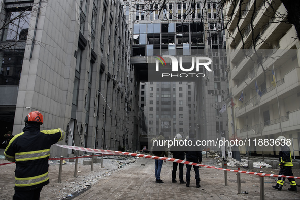 Destruction and damage to residential and office buildings occur as a result of a Russian missile strike in central Kyiv, Ukraine, on Decemb...