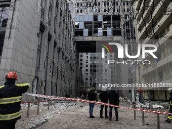 Destruction and damage to residential and office buildings occur as a result of a Russian missile strike in central Kyiv, Ukraine, on Decemb...