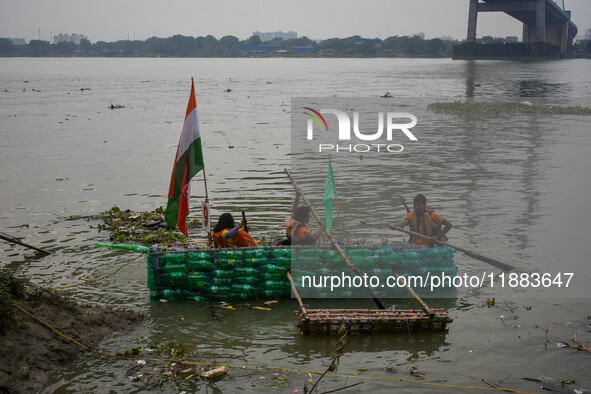 A boat made out of plastic bottles is displayed during the annual boat festival in Kolkata, India, on December 20, 2024. This kind of sustai...