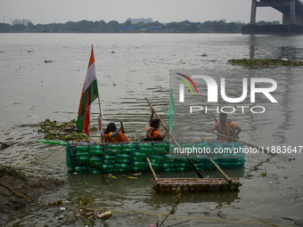 A boat made out of plastic bottles is displayed during the annual boat festival in Kolkata, India, on December 20, 2024. This kind of sustai...