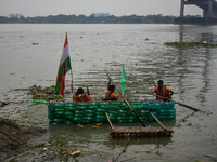 A boat made out of plastic bottles is displayed during the annual boat festival in Kolkata, India, on December 20, 2024. This kind of sustai...