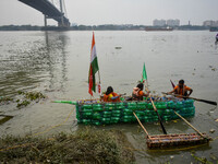 A boat made out of plastic bottles is displayed during the annual boat festival in Kolkata, India, on December 20, 2024. This kind of sustai...