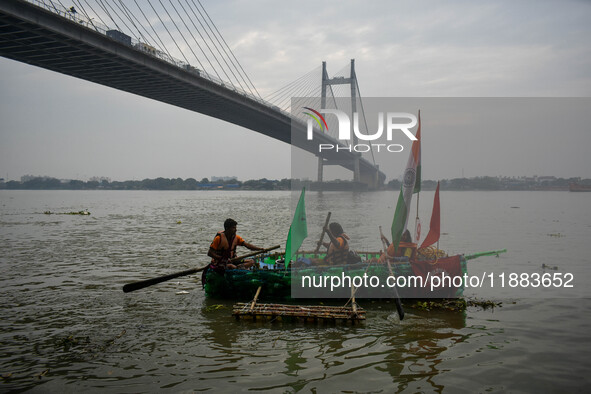 A boat made out of plastic bottles is displayed during the annual boat festival in Kolkata, India, on December 20, 2024. This kind of sustai...