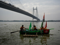 A boat made out of plastic bottles is displayed during the annual boat festival in Kolkata, India, on December 20, 2024. This kind of sustai...