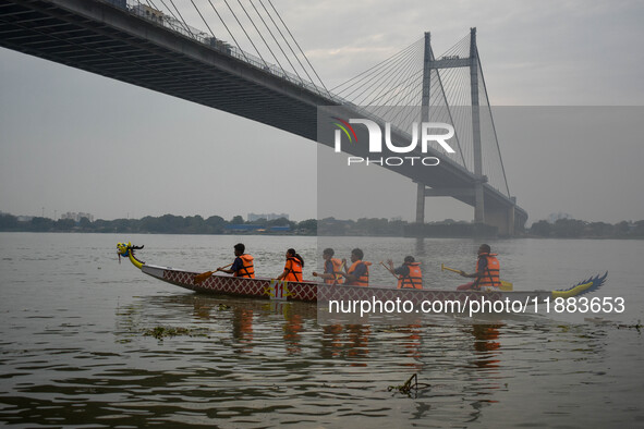 A dragon boat is displayed during the annual boat festival in Kolkata, India, on December 20, 2024. 