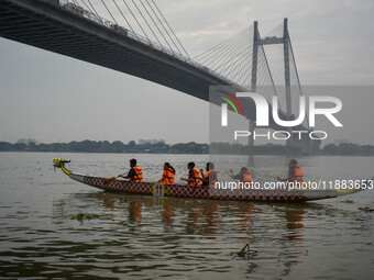 A dragon boat is displayed during the annual boat festival in Kolkata, India, on December 20, 2024. (