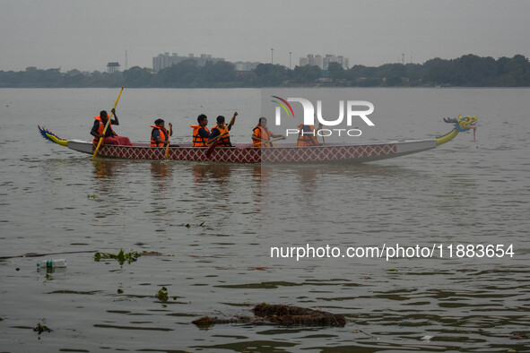 A dragon boat is displayed during the annual boat festival in Kolkata, India, on December 20, 2024. 