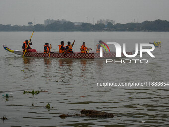 A dragon boat is displayed during the annual boat festival in Kolkata, India, on December 20, 2024. (