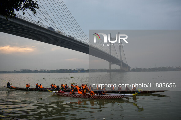 A Baich racing boat is displayed during the annual boat festival in Kolkata, India, on December 20, 2024. Nouka Baich is a traditional drago...