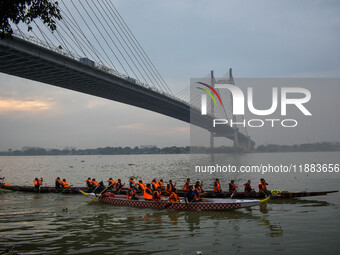 A Baich racing boat is displayed during the annual boat festival in Kolkata, India, on December 20, 2024. Nouka Baich is a traditional drago...