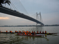 A Baich racing boat is displayed during the annual boat festival in Kolkata, India, on December 20, 2024. Nouka Baich is a traditional drago...