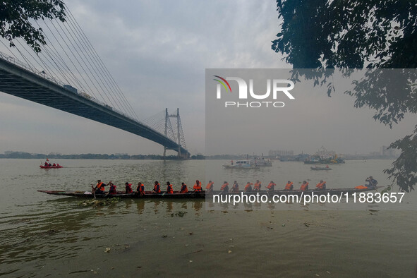 A Baich racing boat is displayed during the annual boat festival in Kolkata, India, on December 20, 2024. Nouka Baich is a traditional drago...