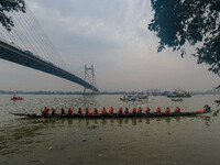 A Baich racing boat is displayed during the annual boat festival in Kolkata, India, on December 20, 2024. Nouka Baich is a traditional drago...