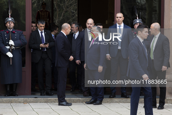 Hungarian Prime Minister Victor Orban (on the right) and President of Bulgaria Rumen Radev stand in front of the Presidency building in Sofi...