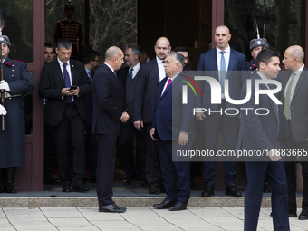 Hungarian Prime Minister Victor Orban (on the right) and President of Bulgaria Rumen Radev stand in front of the Presidency building in Sofi...