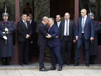 Hungarian Prime Minister Victor Orban (on the right) and President of Bulgaria Rumen Radev stand in front of the Presidency building in Sofi...