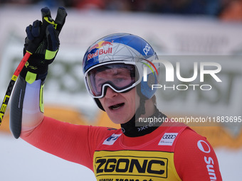 Marco Odermatt of Team Switzerland competes during the Audi FIS Alpine Ski World Cup, Men's Super Giant race on Saslong Slope in Val Gardena...