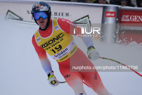 Franjo Von Allmen of Team Switzerland competes during the Audi FIS Alpine Ski World Cup, Men's Super Giant race on Saslong Slope in Val Gard...